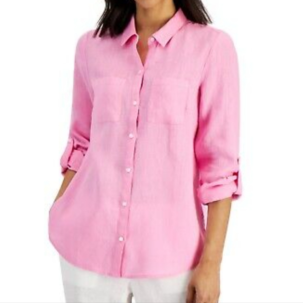 Charter Club Pink Luxury Linen Button Down Top Size 2X